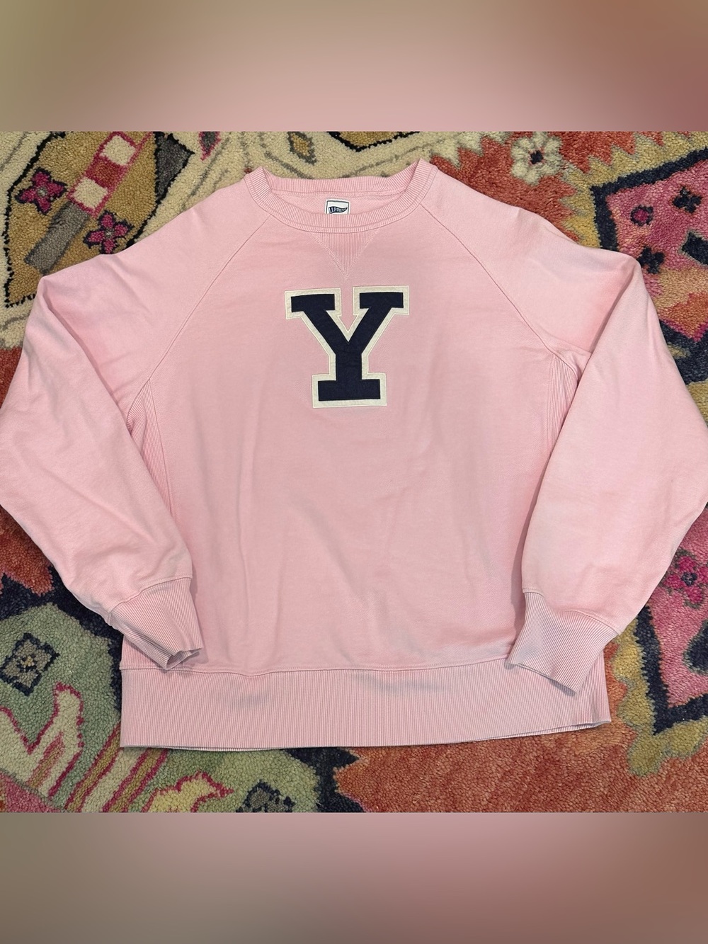 Pink Crewneck Pullover with Contrasting Navy 'Y' Appliqué